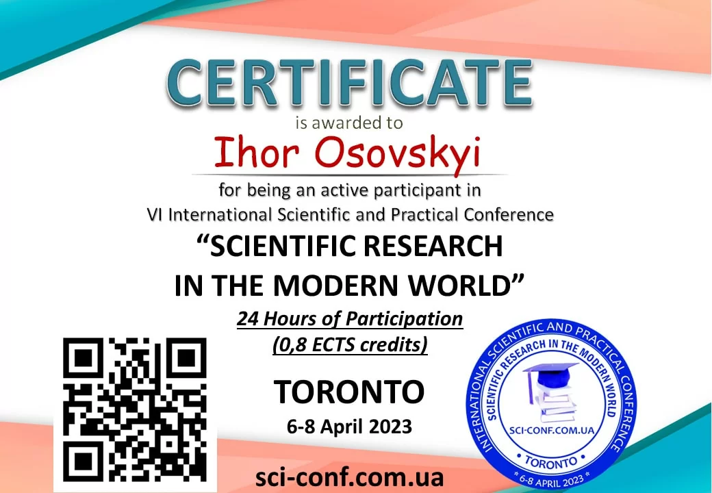 Certificado de participación en la VI Conferencia Científica y Práctica Internacional «SCIENTIFIC RESEARCH IN THE MODERN WORLD» que se celebró del 6 al 8 de abril de 2023 en Toronto, Canadá Certificado de participación en la VI Conferencia Científica y Práctica Internacional «SCIENTIFIC RESEARCH IN THE MODERN WORLD» que se celebró del 6 al 8 de abril de 2023 en Toronto, Canadá