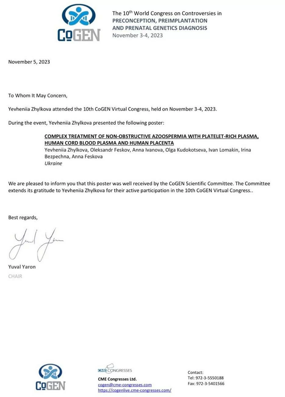 Certificado de participación en el 10º congreso virtual mundial COGEN sobre Diagnóstico genético preconcepcional, preimplantacional y prenatal, que se llevó a cabo el 3 y 4 de noviembre de 2023 Certificado de participación en el 10º congreso virtual mundial COGEN sobre Diagnóstico genético preconcepcional, preimplantacional y prenatal, que se llevó a cabo el 3 y 4 de noviembre de 2023